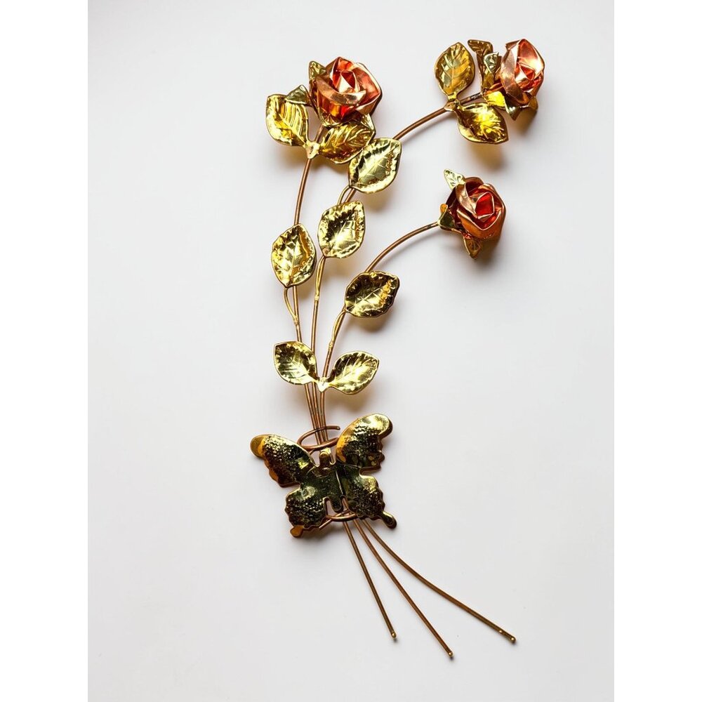 Home Interiors MCM Brass & Copper Floral Wall Art With Butterfly Accents